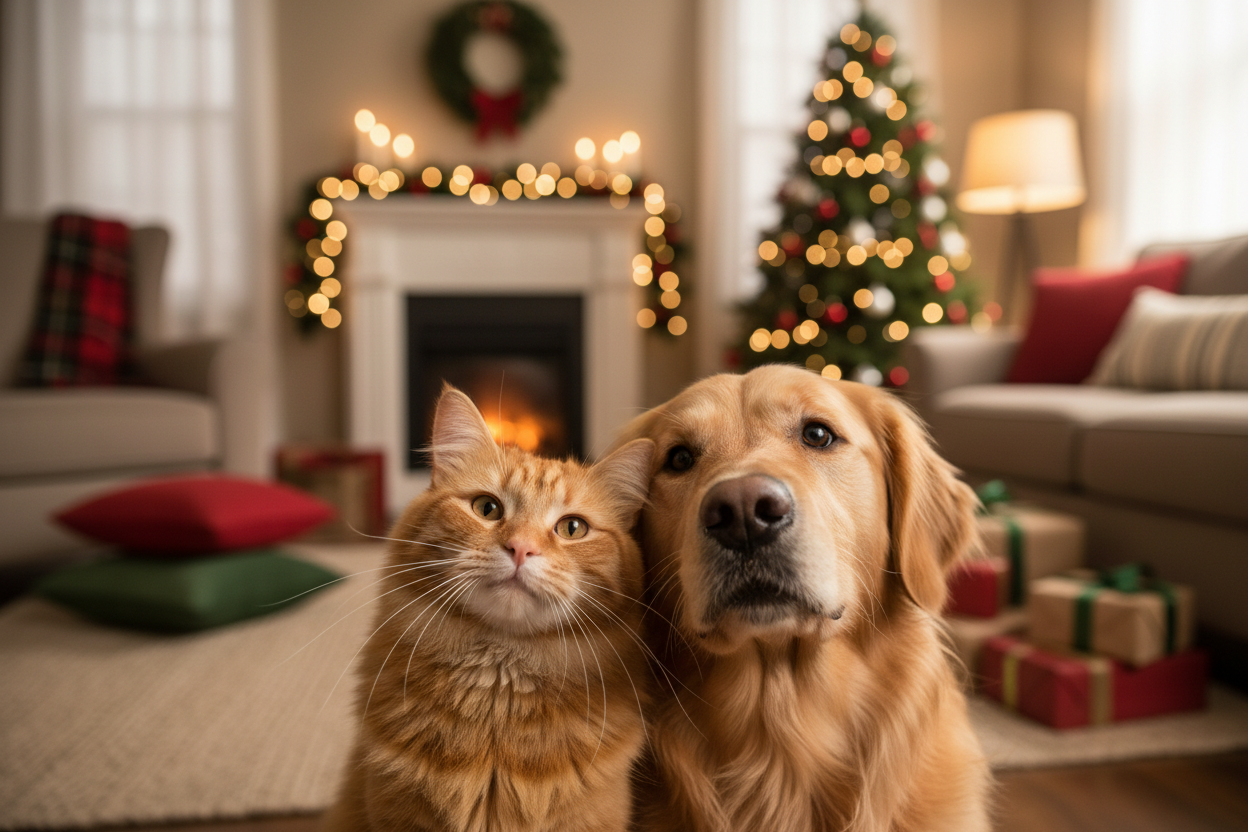 cara de gato y cara de perro en casa felices